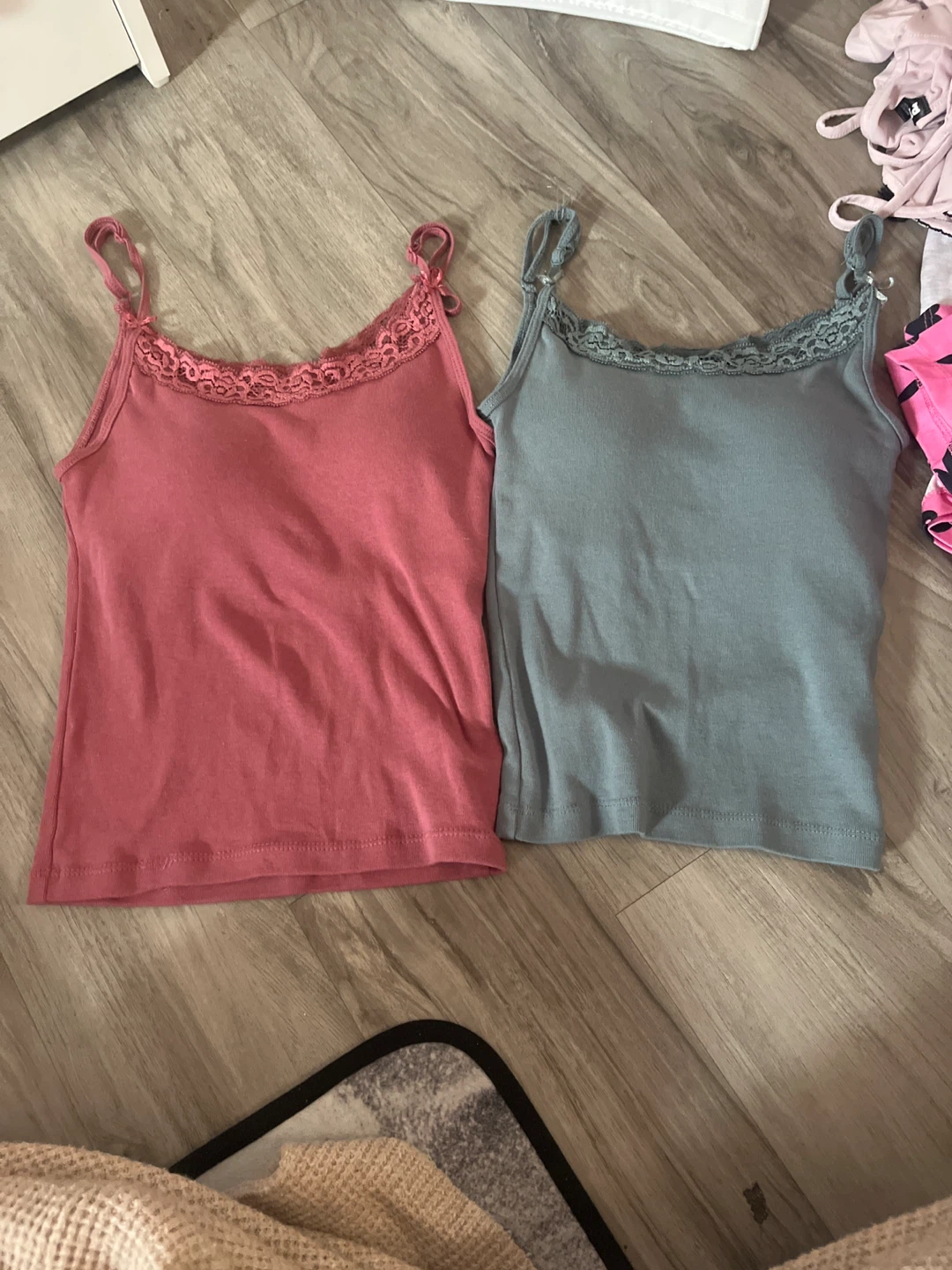2x Lace Trim Camisoles - Pink and Teal