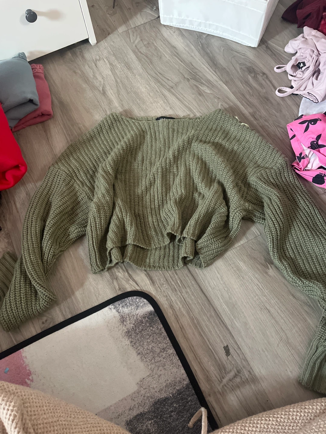 Green Ribbed Knit Cropped Sweater