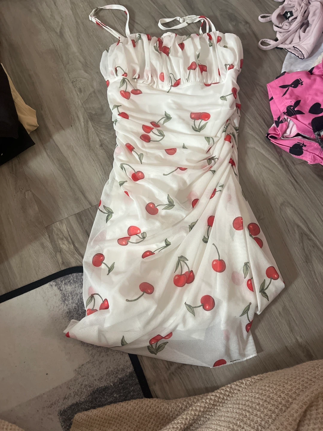 White Cherry Print Ruched Mini Dress