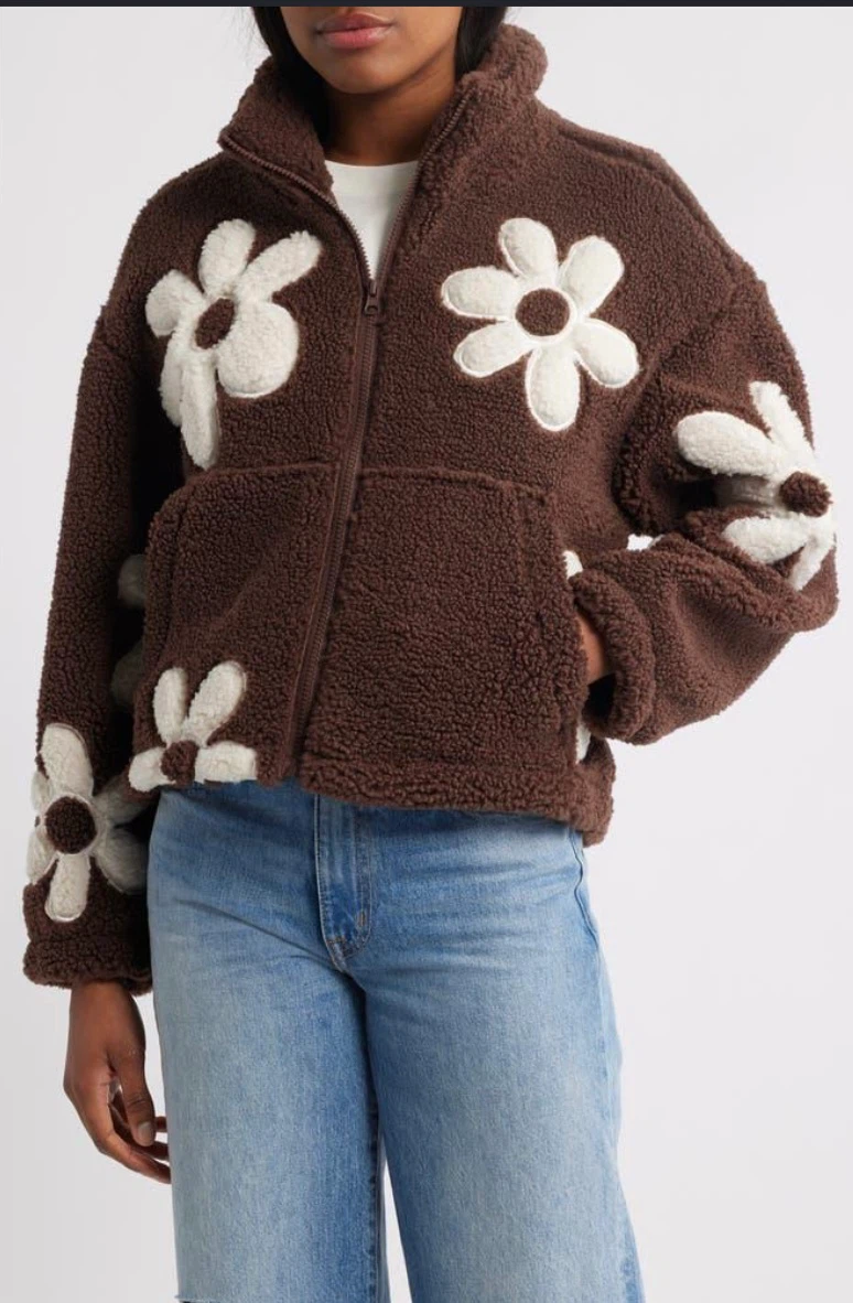 Women thread + supply floral high pile fleece jacket