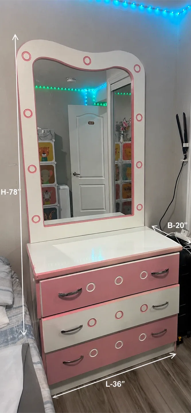 Pink and White Kids Bedroom Dresser with Mirror