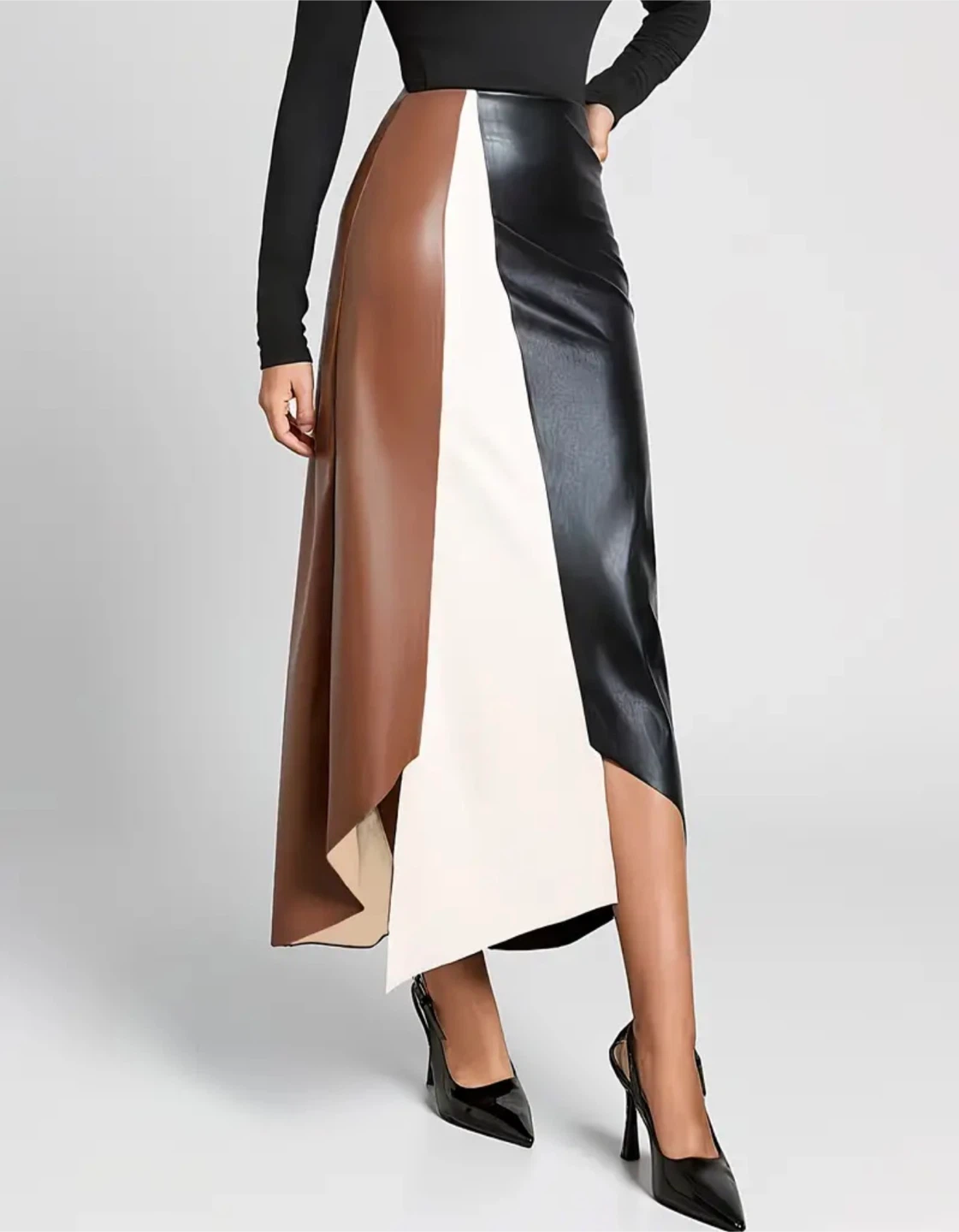 Colour-blocked faux leather midi skirt - photo 3