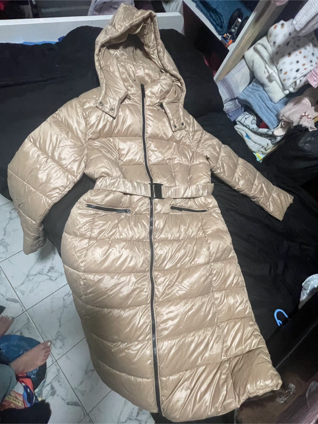 Long beige hooded puffer coat
