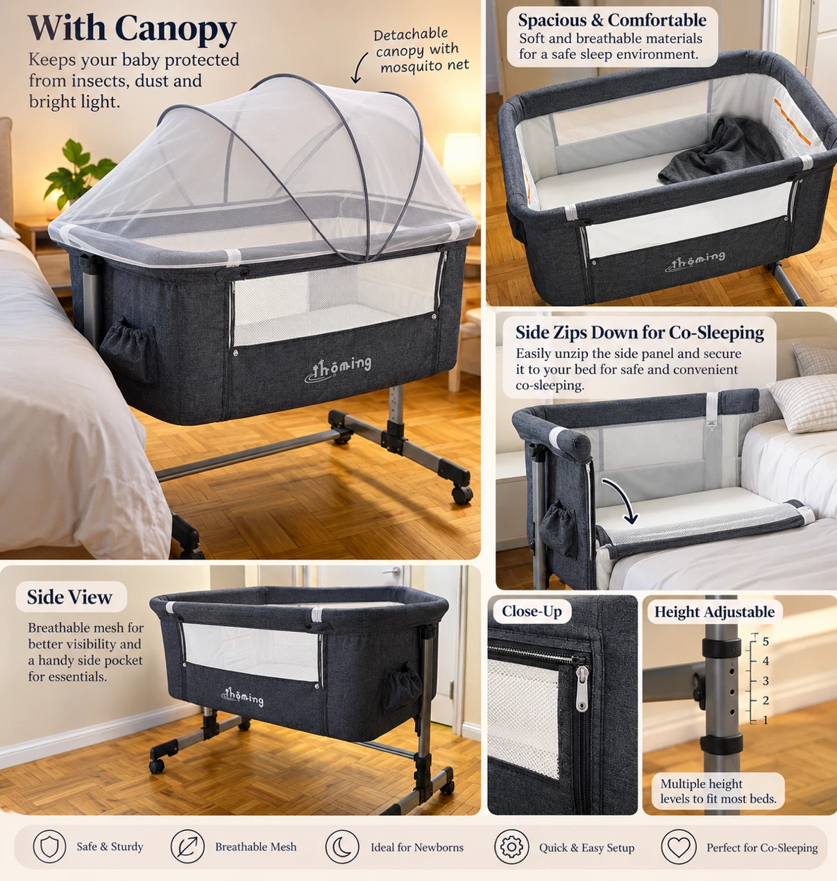 Thoming Baby Bassinet with Canopy and Mosquito Net