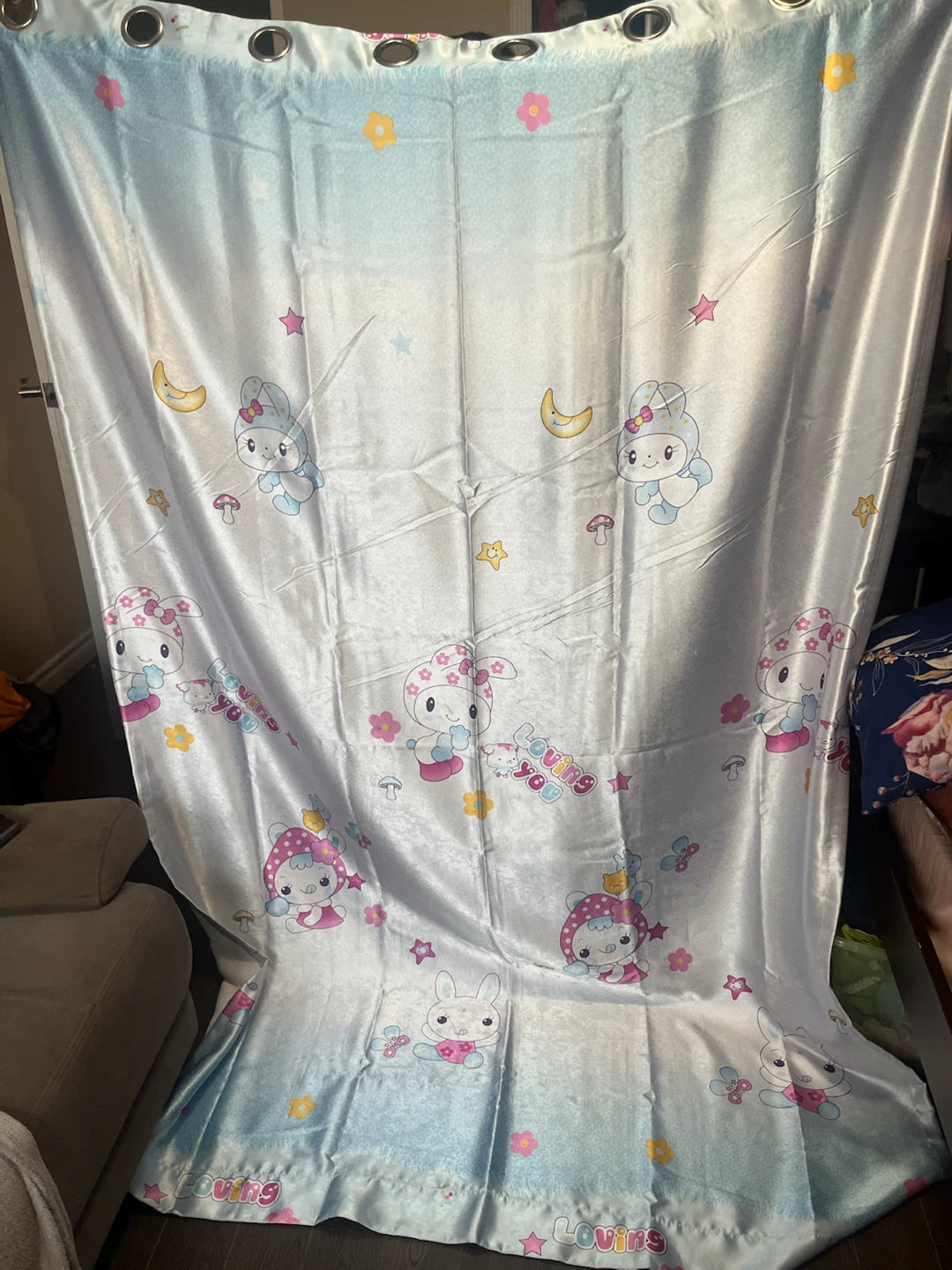 Character Print Curtains with Pink Sheer Overlay