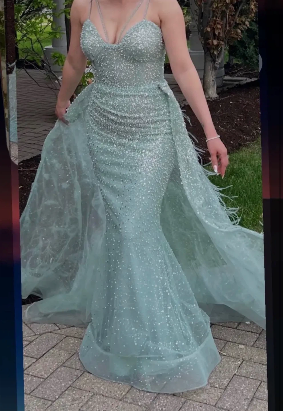 Mint Green Beaded Prom Dress with Detachable Skirt