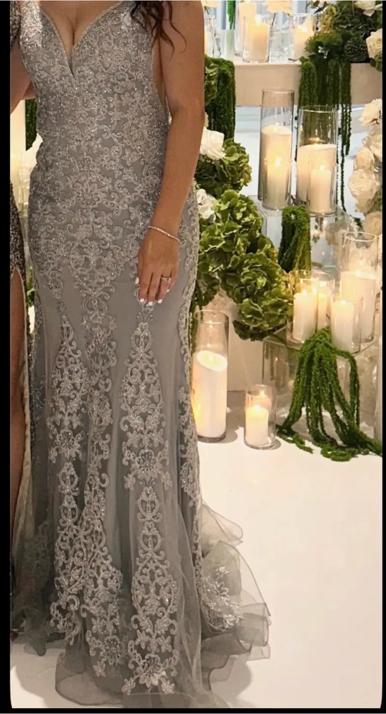Grey Lace Embellished Evening Gown