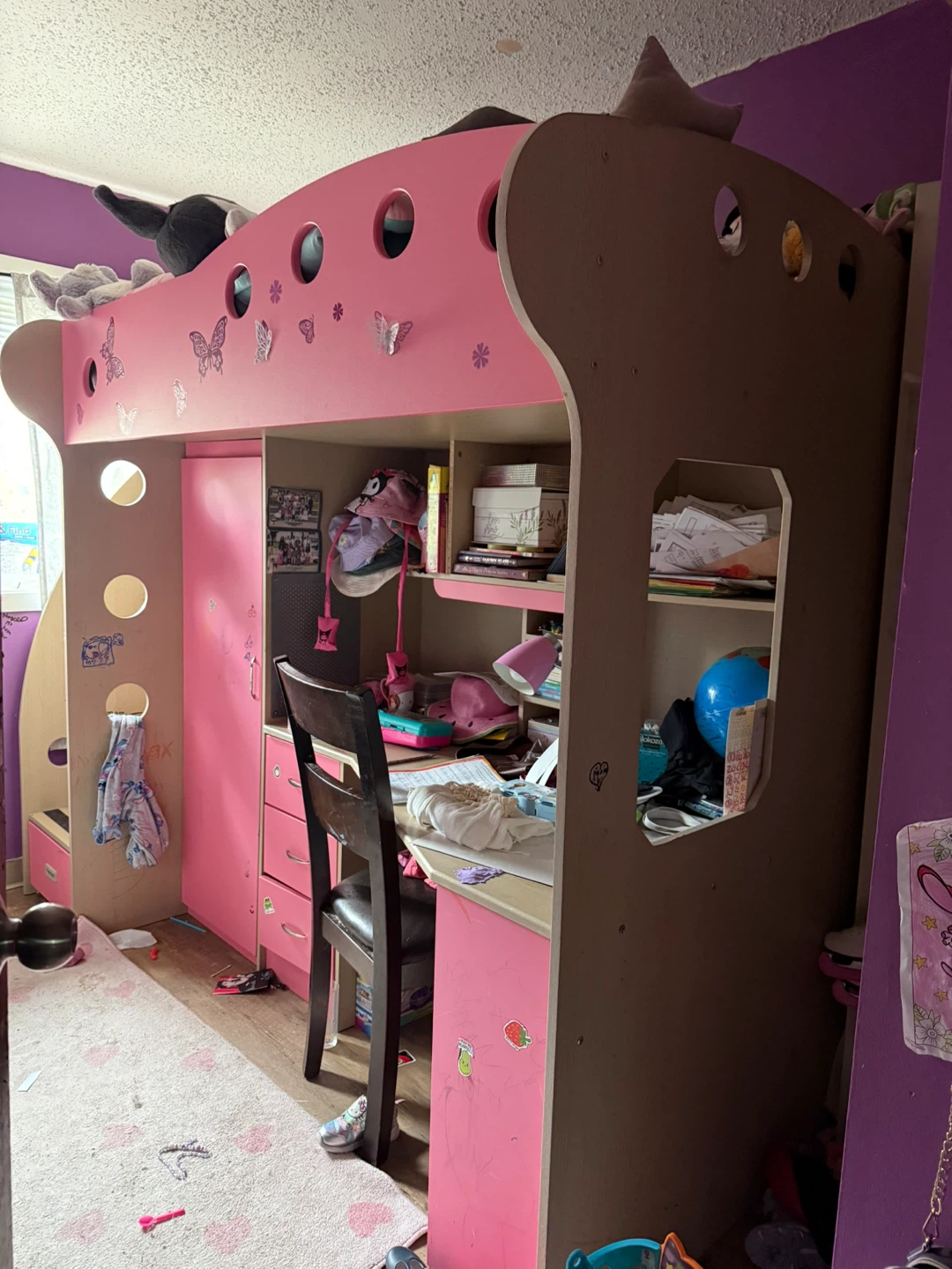 Pink Loft Bed with Desk and Storage