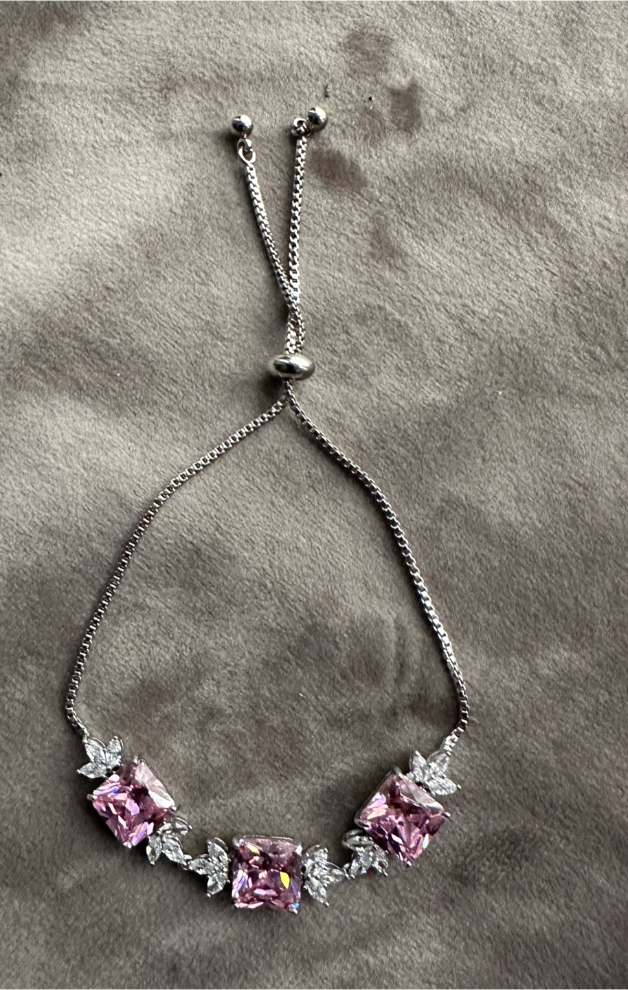 Adjustable Silver Bracelet with Pink Square Cut Crystals