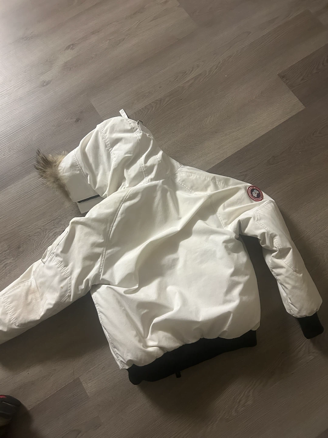 Canada Goose White Bomber Jacket with Fur Hood
