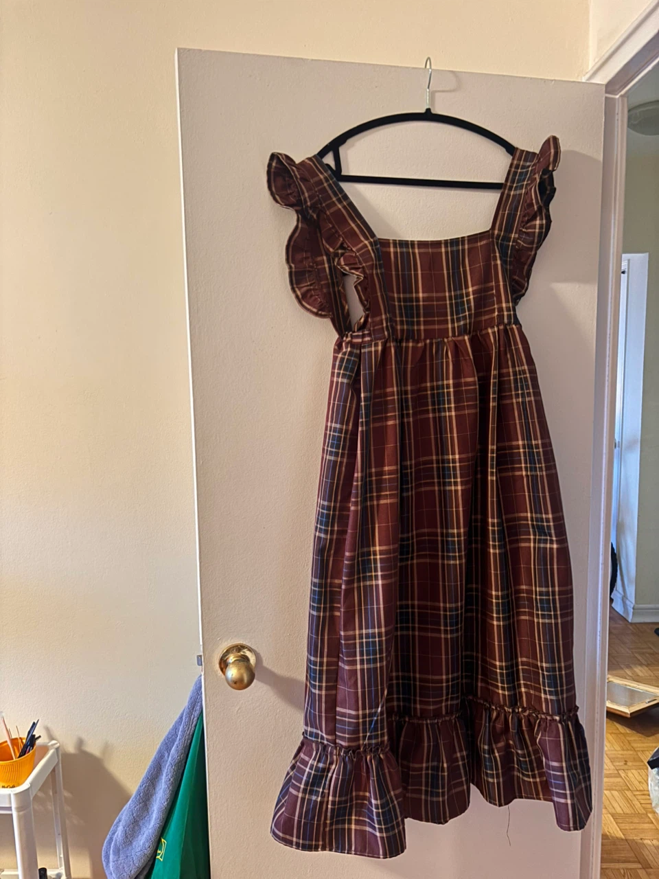 Plaid Ruffle Sleeve Midi Dress