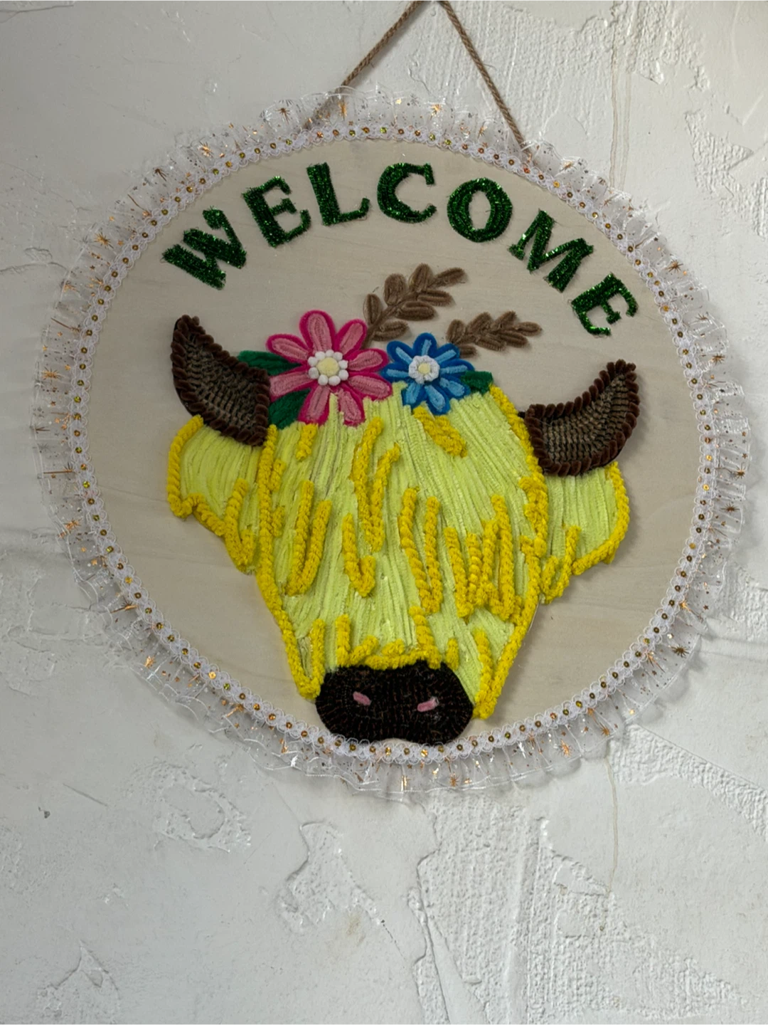 Handmade Welcome Sign with Highland Cow