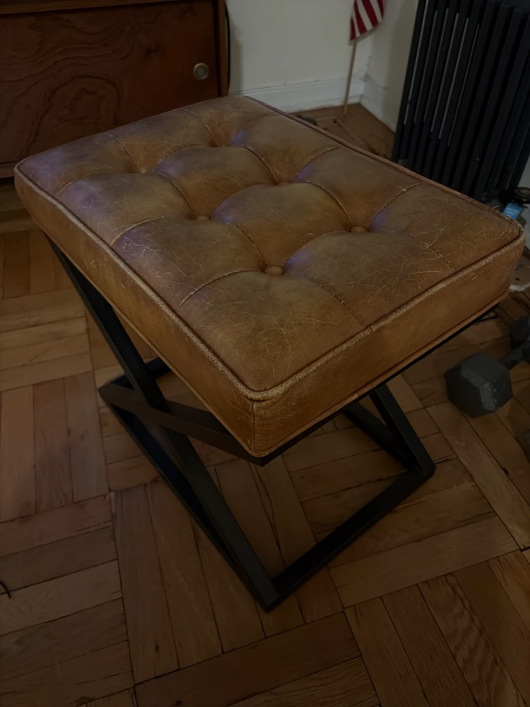 Tufted Leather Ottoman with X-Base