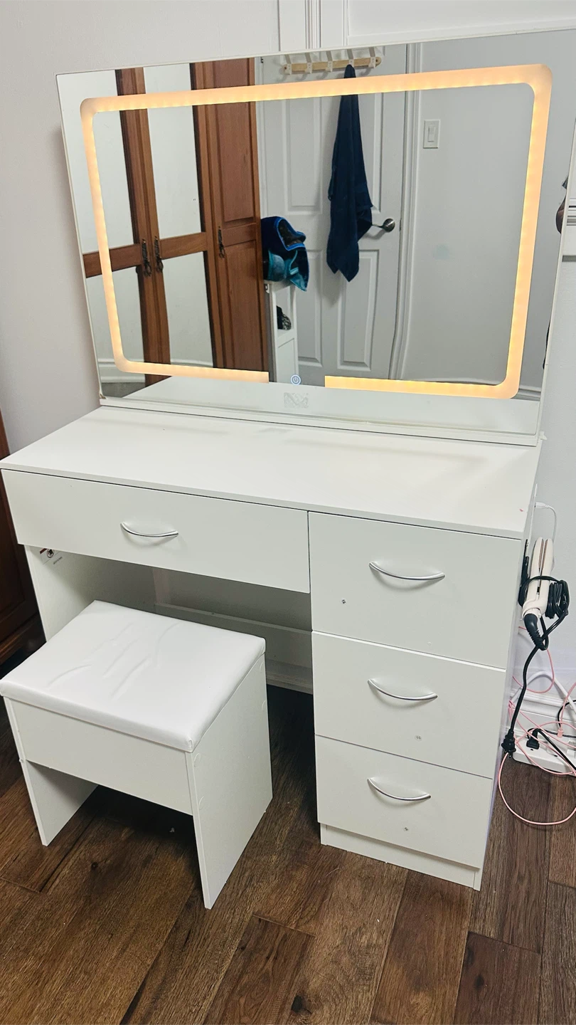 New White Vanity Desk with LED Mirror and Stool
