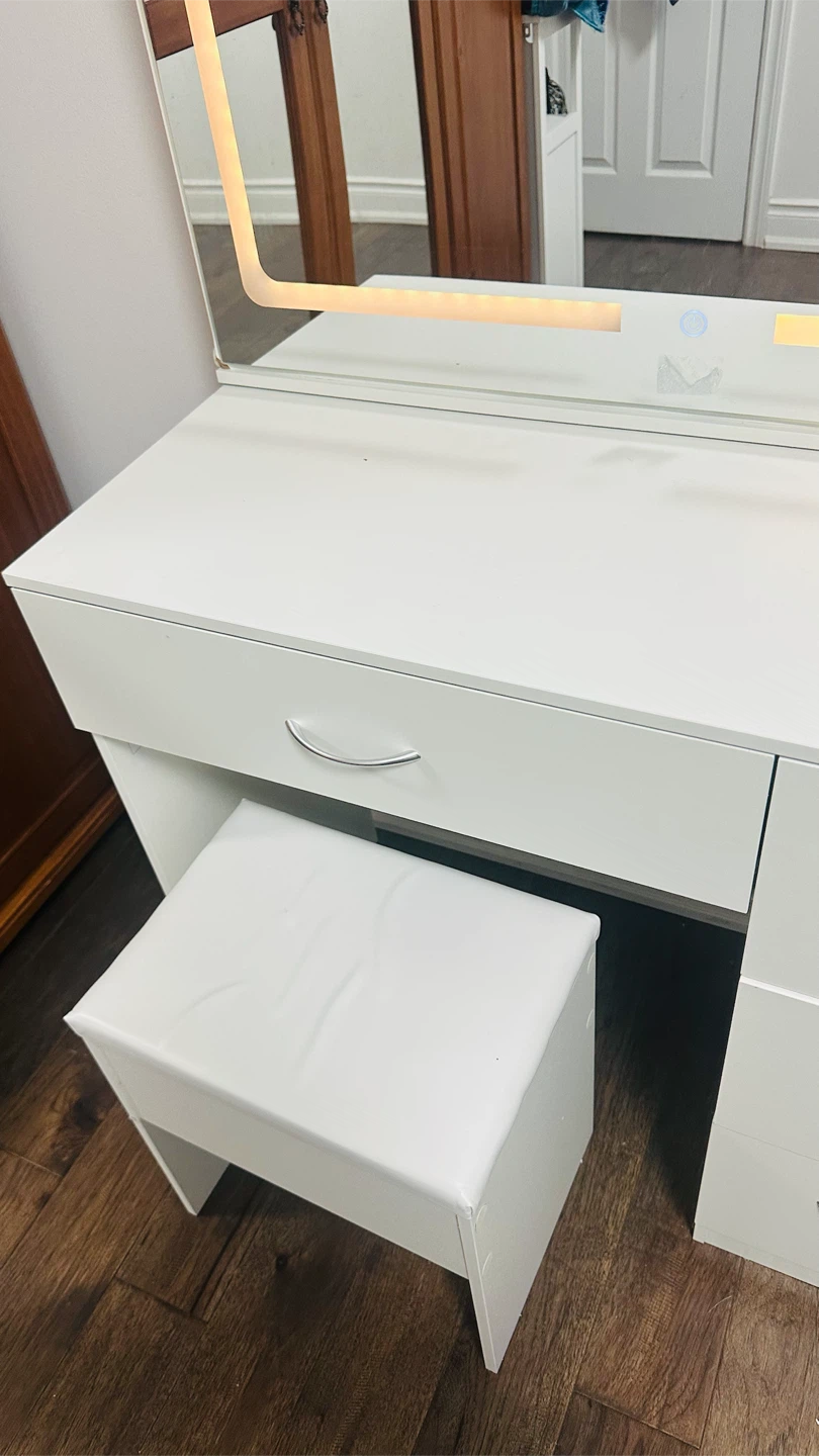 New White Vanity Desk with LED Mirror and Stool - photo 2