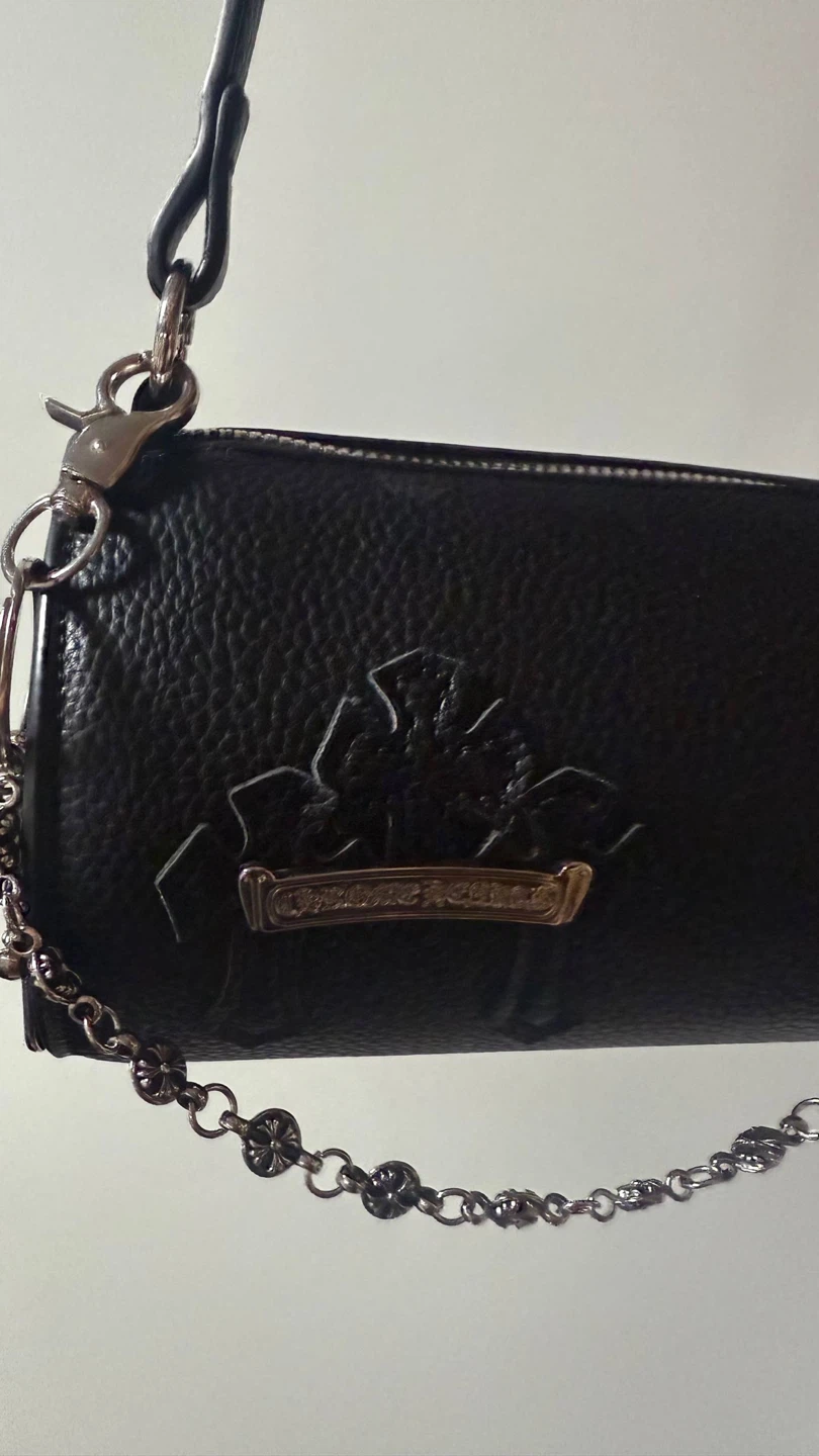 Chrome Hearts Black Leather Cylindrical Bag