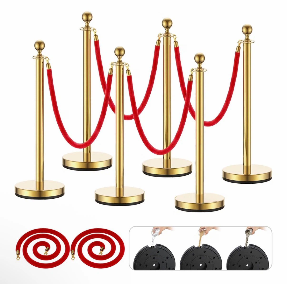6 Gold Stanchions Crowd Control Barriers with Red Rope