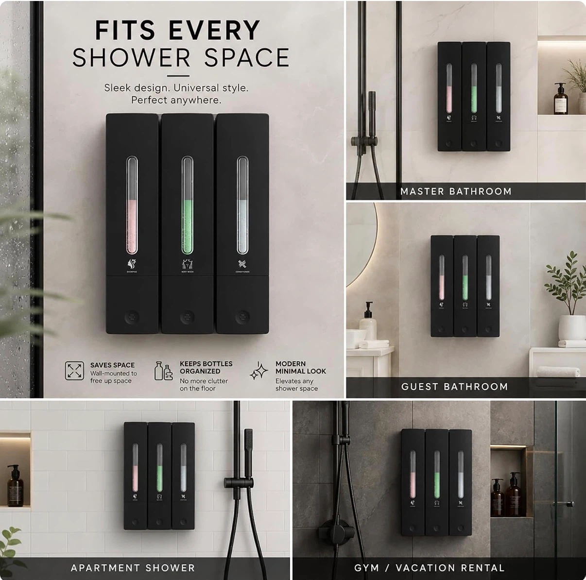 NEW - Wall-Mounted 3-Chamber Shower Soap Dispenser - Black - photo 3