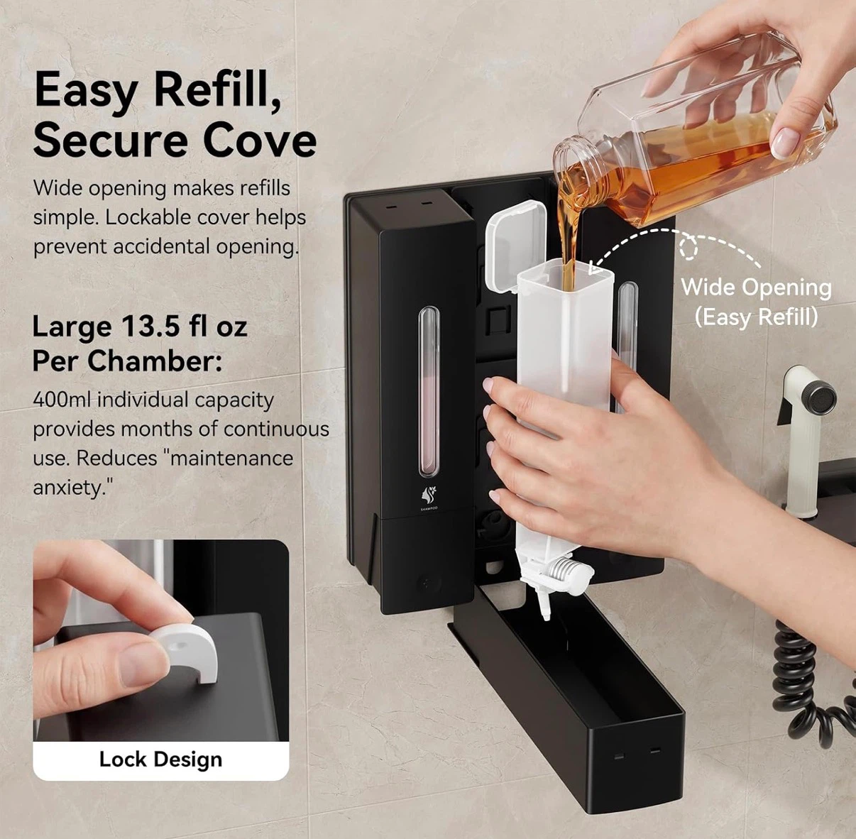 NEW - Wall-Mounted 3-Chamber Shower Soap Dispenser - Black - photo 4