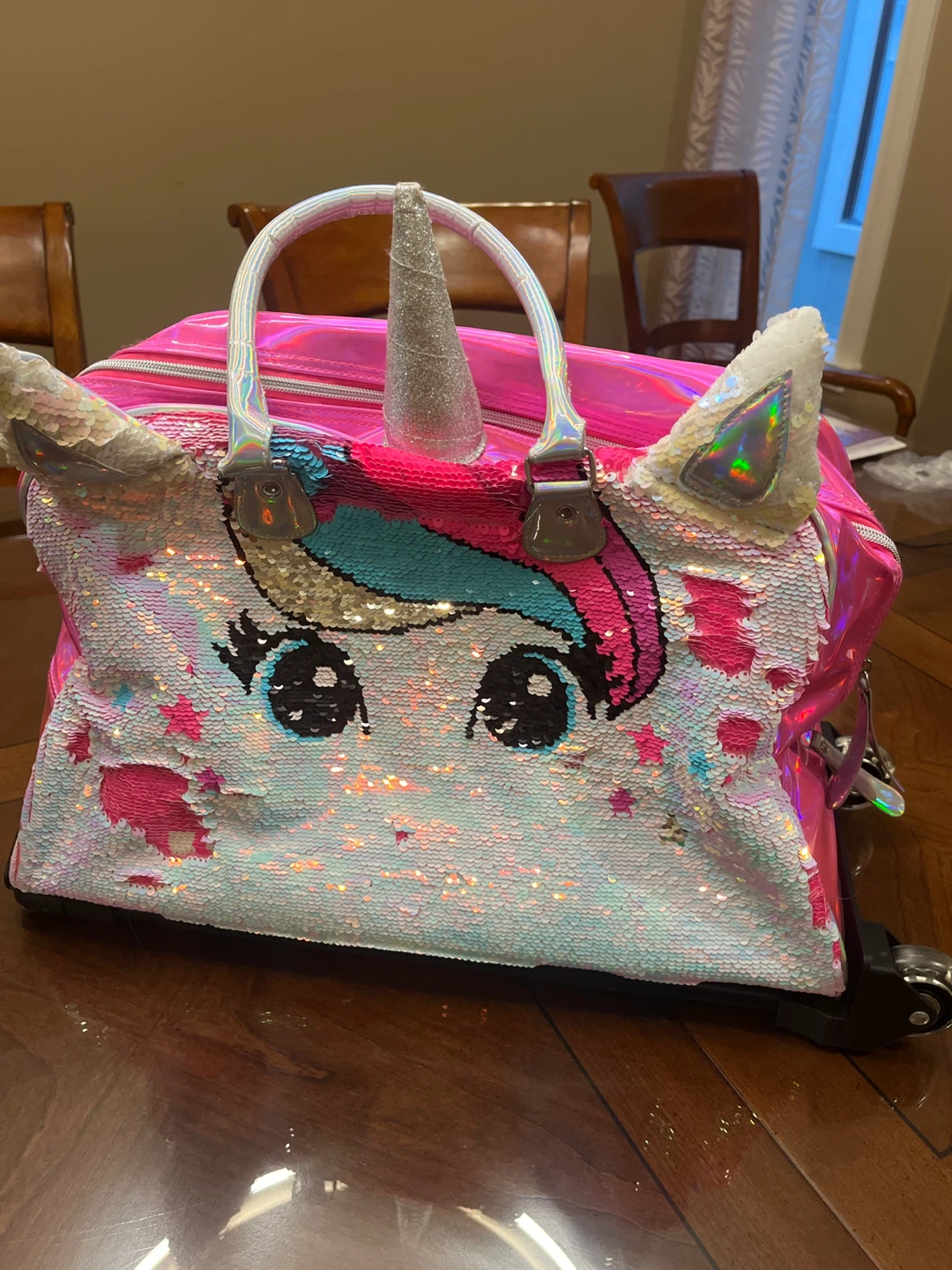 Pink Sequin Unicorn Rolling Duffle Bag