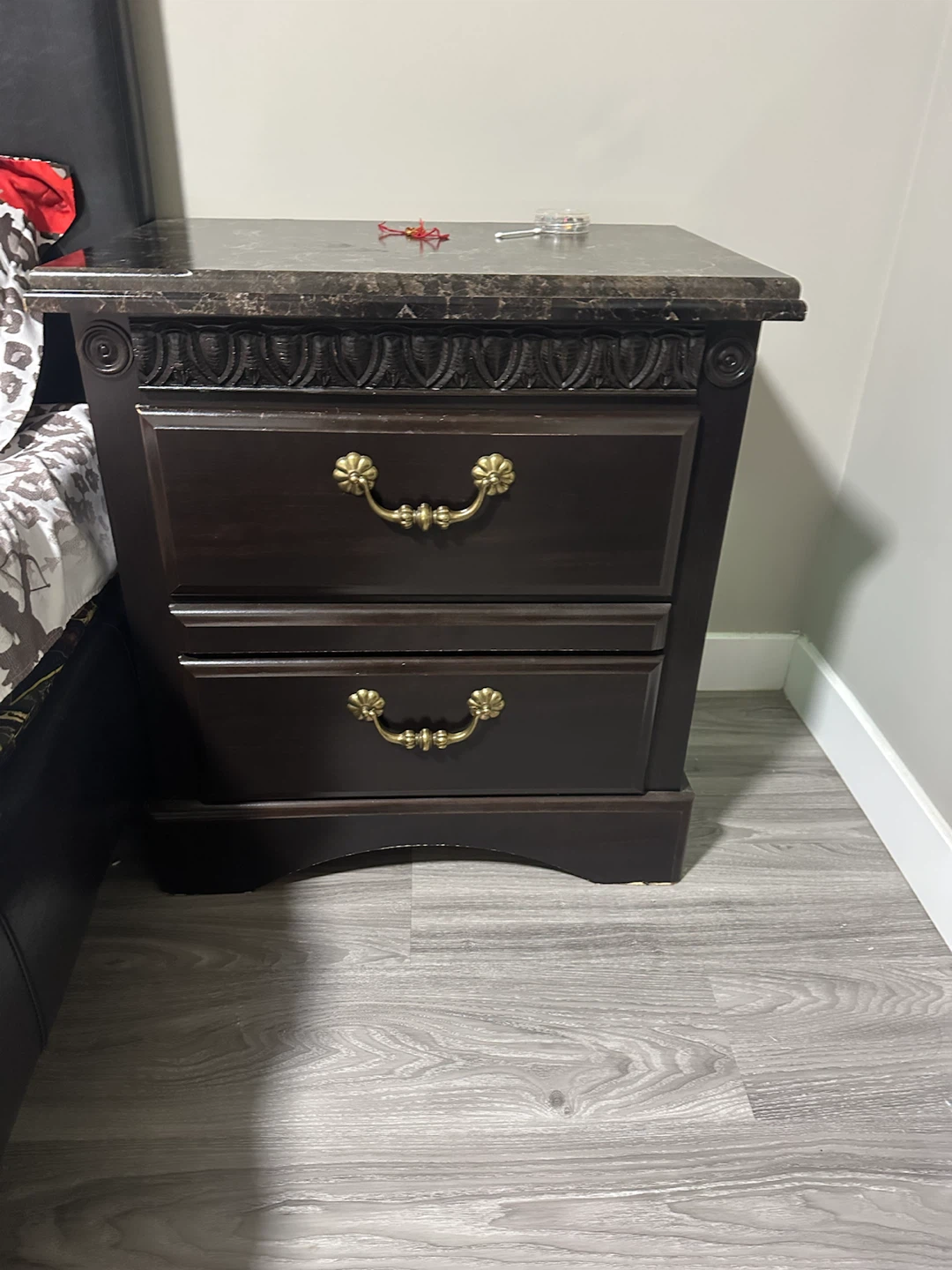 Dark Wood Nightstand with Marble Top,bed frame also included