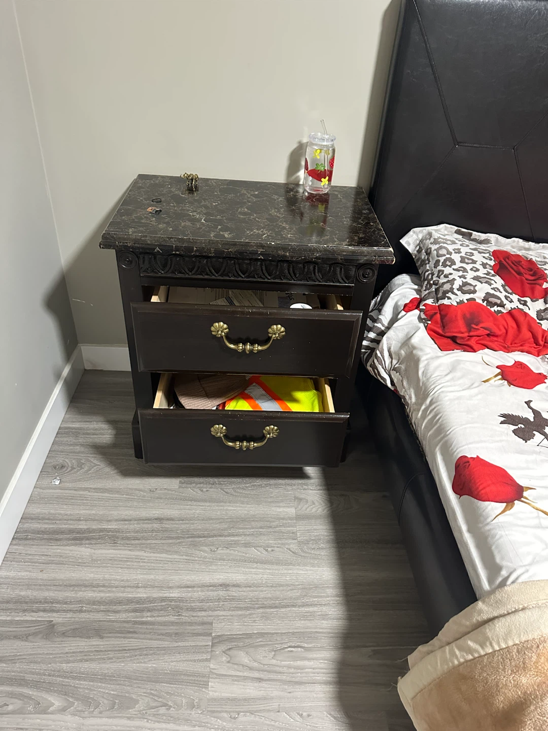 Dark Wood Nightstand with Marble Top,bed frame also included - photo 2