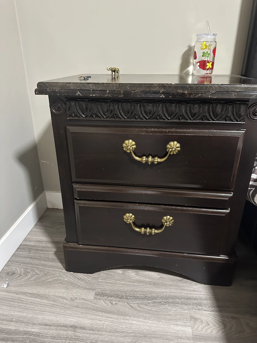 Dark Wood Nightstand with Marble Top,bed frame also included - photo 3