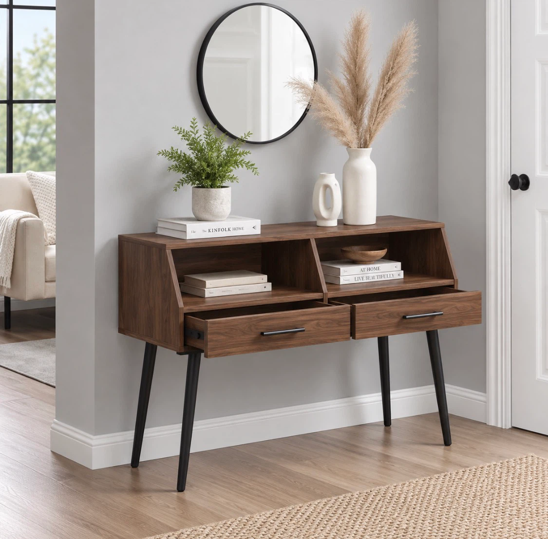 New Mid-Century Modern 2-Drawer Entry Table Dark Walnut - photo 3