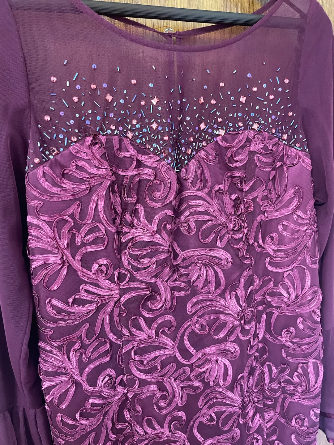 Burgundy Beaded Long Sleeve Evening Gown