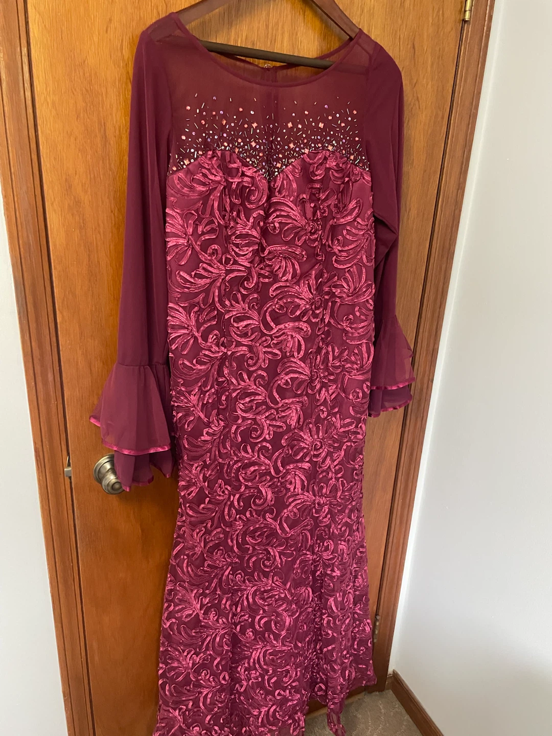 Burgundy Beaded Long Sleeve Evening Gown - photo 2