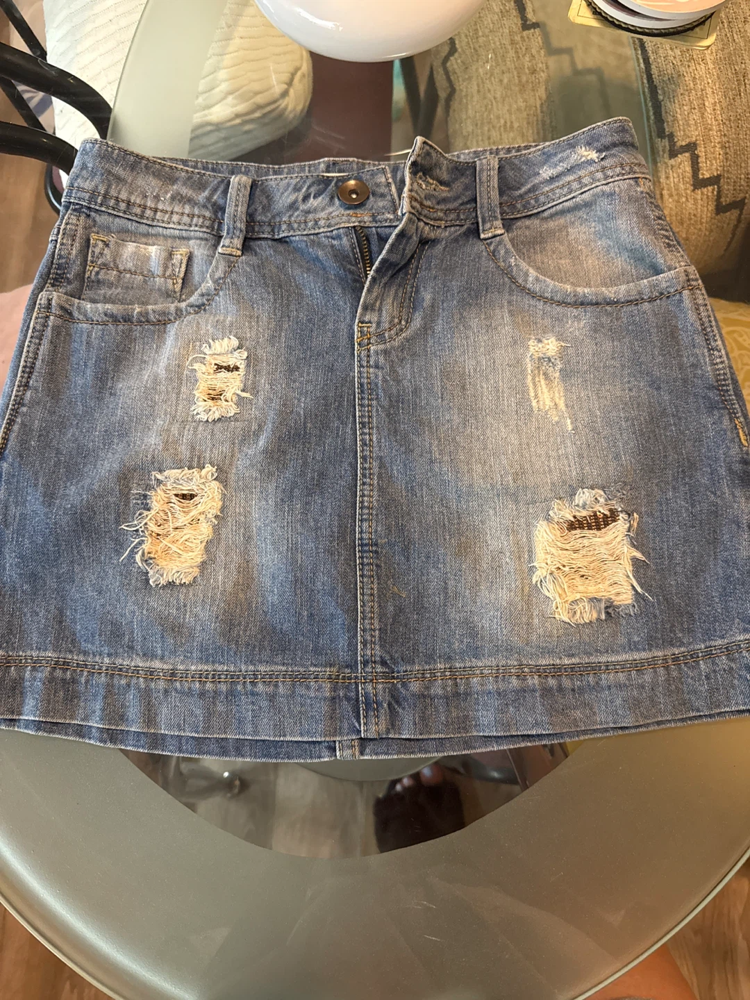 Promod Distressed Denim Mini Skirt