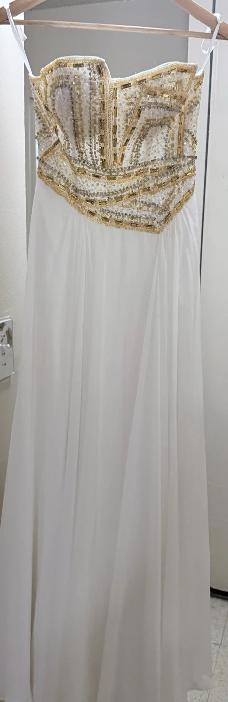 White Strapless Evening Gown with Gold Beading