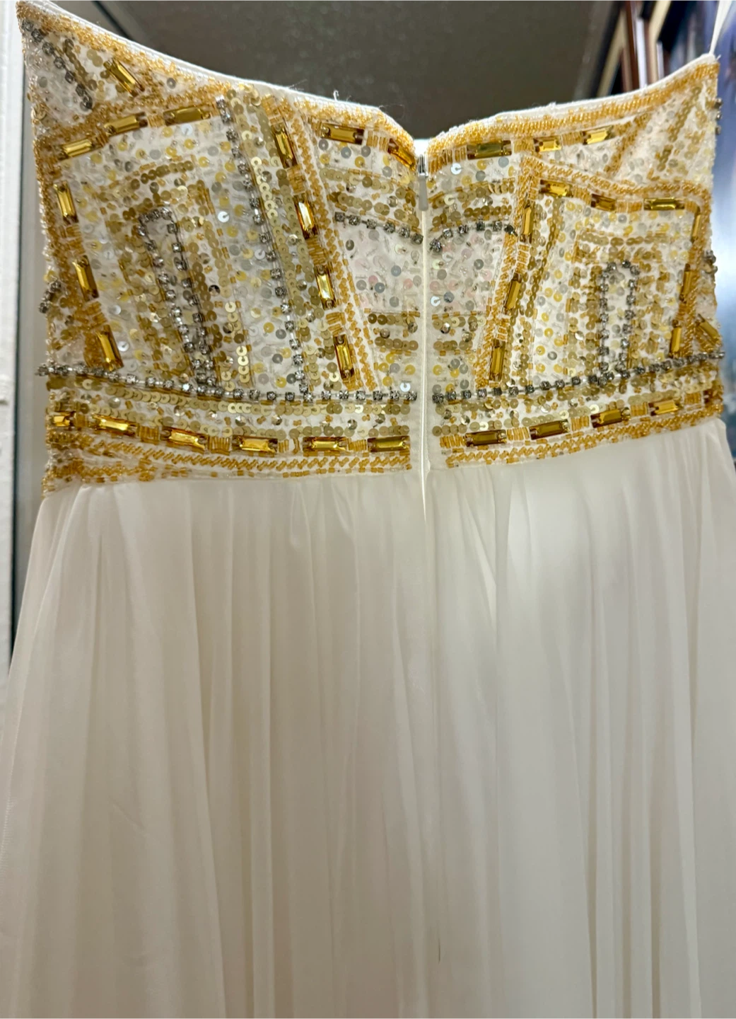 White Strapless Evening Gown with Gold Beading - photo 2