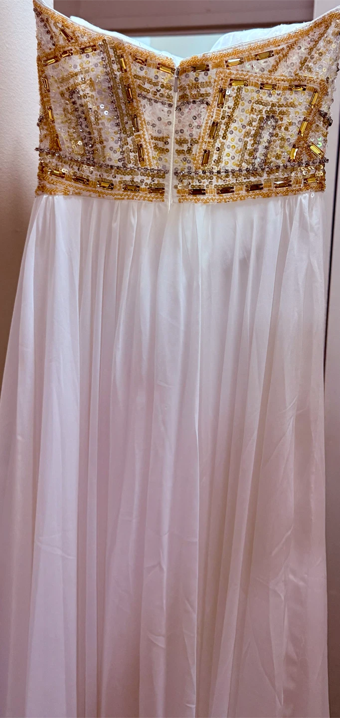 White Strapless Evening Gown with Gold Beading - photo 4