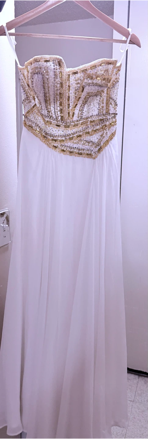 White Strapless Evening Gown with Gold Beading - photo 5