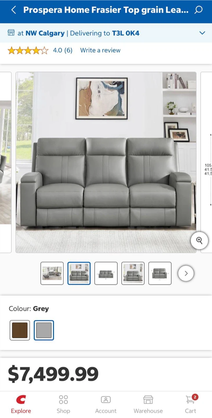Prospera Home Frasier Top Grain Leather Sofa - Grey
