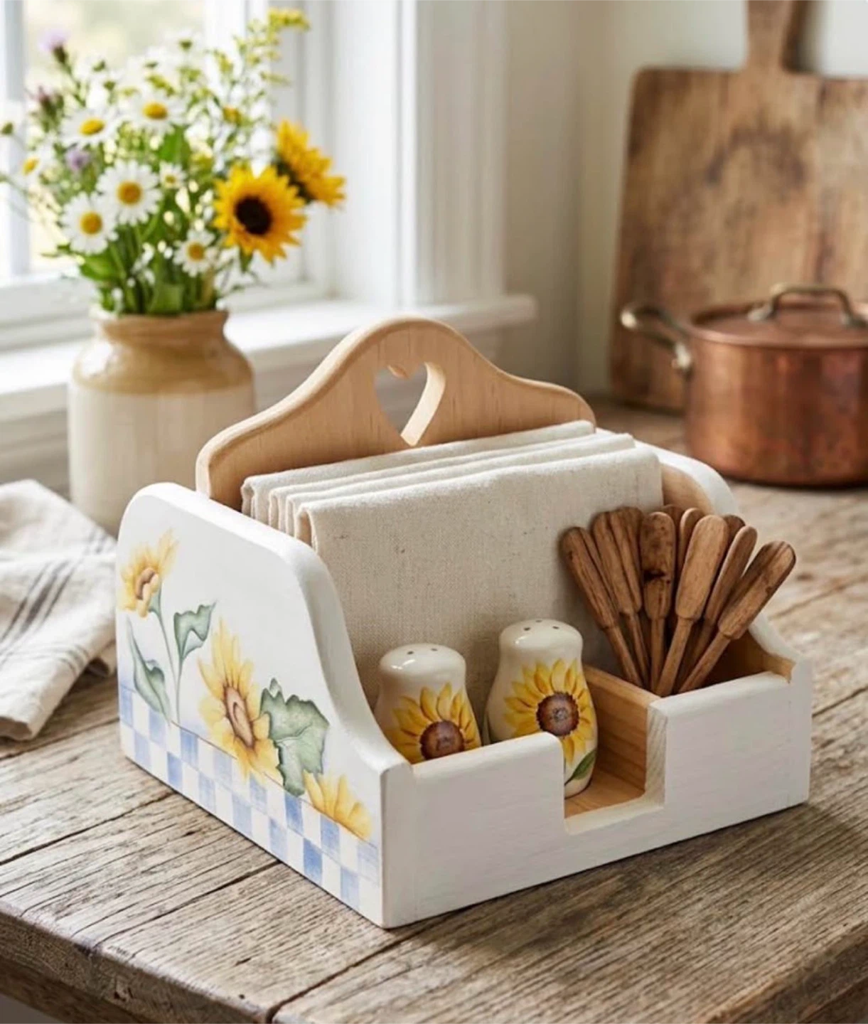 🌻 Hand-Painted Sunflower Wooden Organizer / Caddy 🌻
