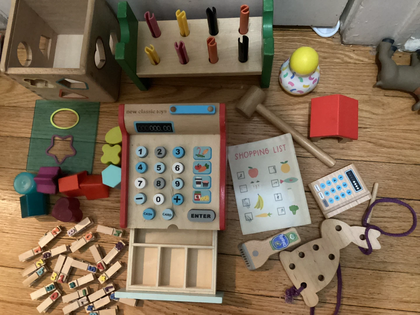 Several wooden toys - Wooden Cash Register and Toy Set
