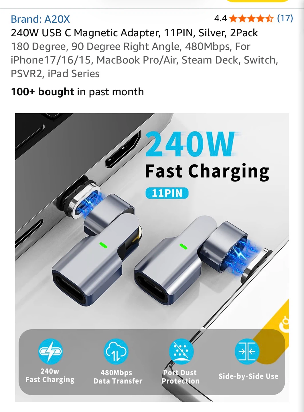 A20X 240W USB-C Magnetic Adapter, 2-Pack, Silver - photo 3
