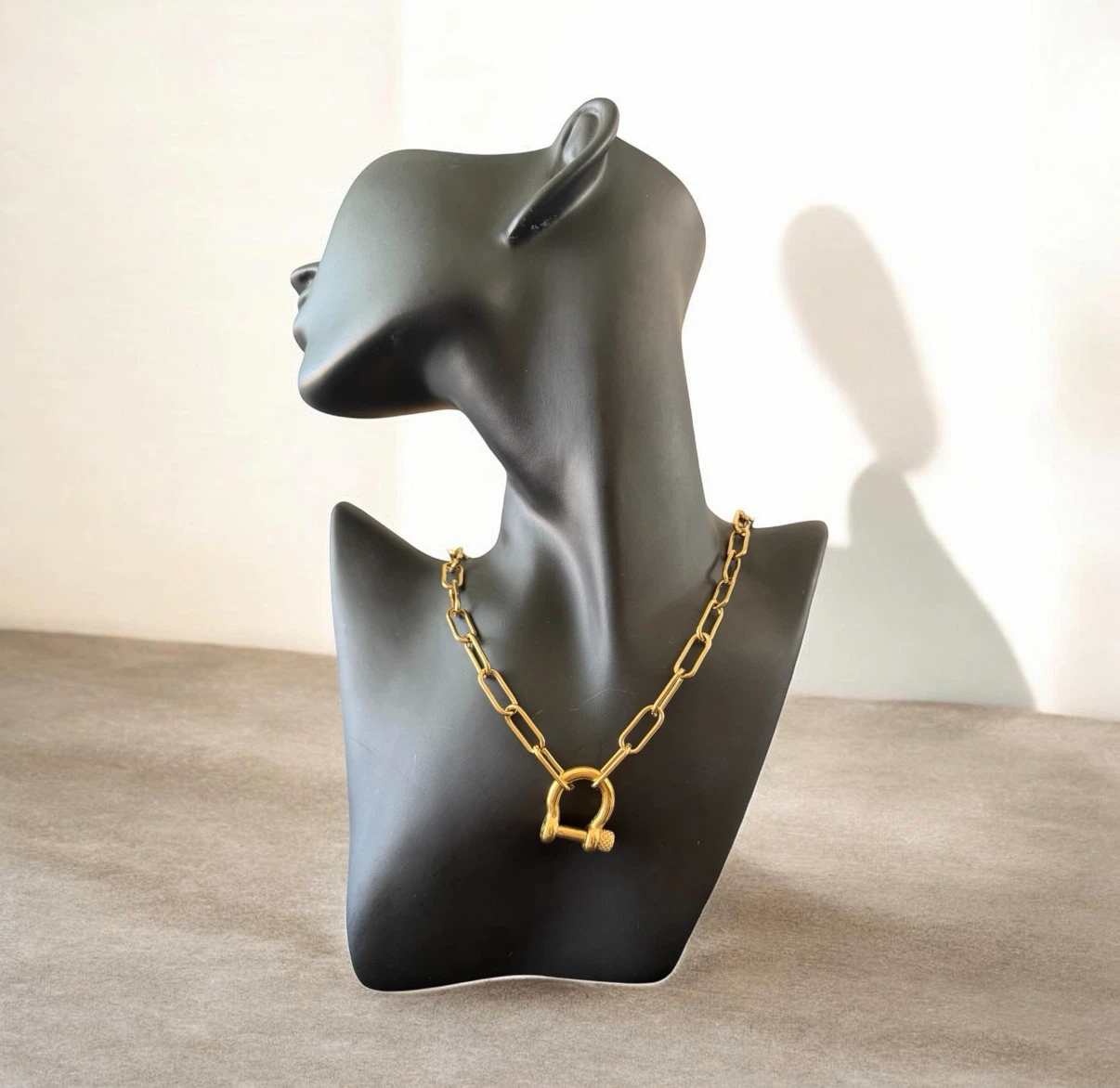 Gold tone Link Chain Necklace with U-Shaped Clasp