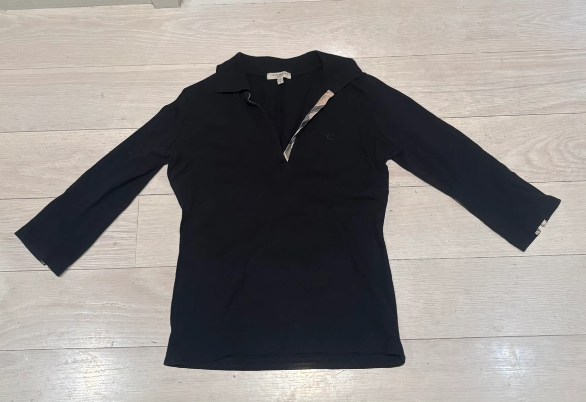 Burberry Women's 3/4 Sleeve Polo Small Black Check Accent
