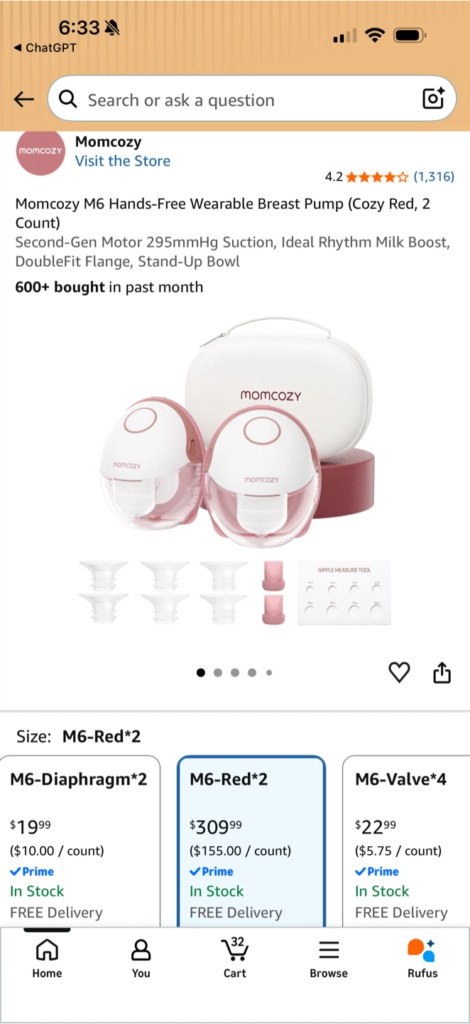 Momcozy M6 Wearable Breast Pump (Cozy Red, 2 Count) - photo 3