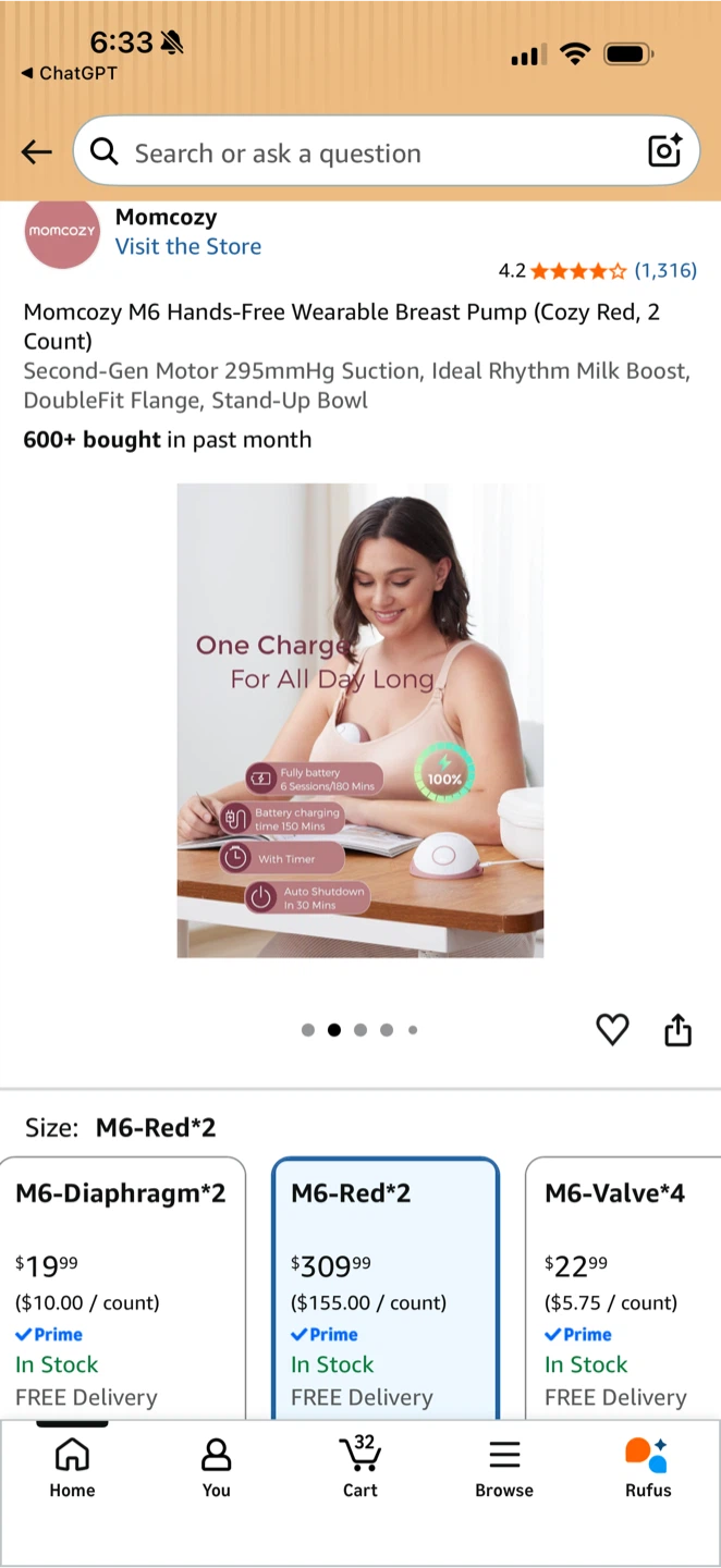 Momcozy M6 Wearable Breast Pump (Cozy Red, 2 Count) - photo 4