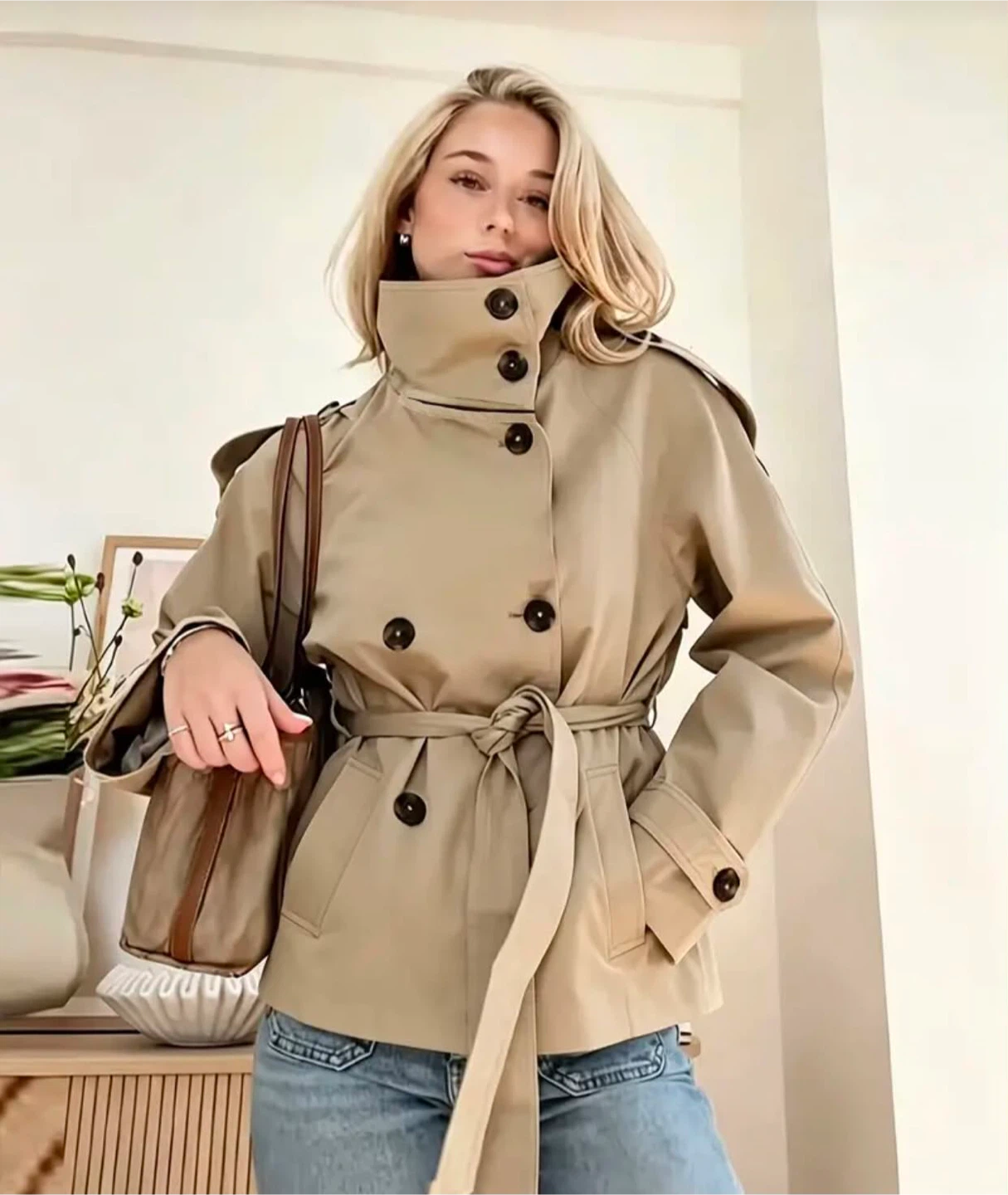 Beige Double-Breasted Trench Jacket