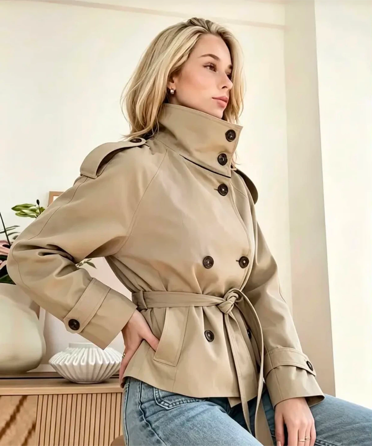 Beige Double-Breasted Trench Jacket - photo 2
