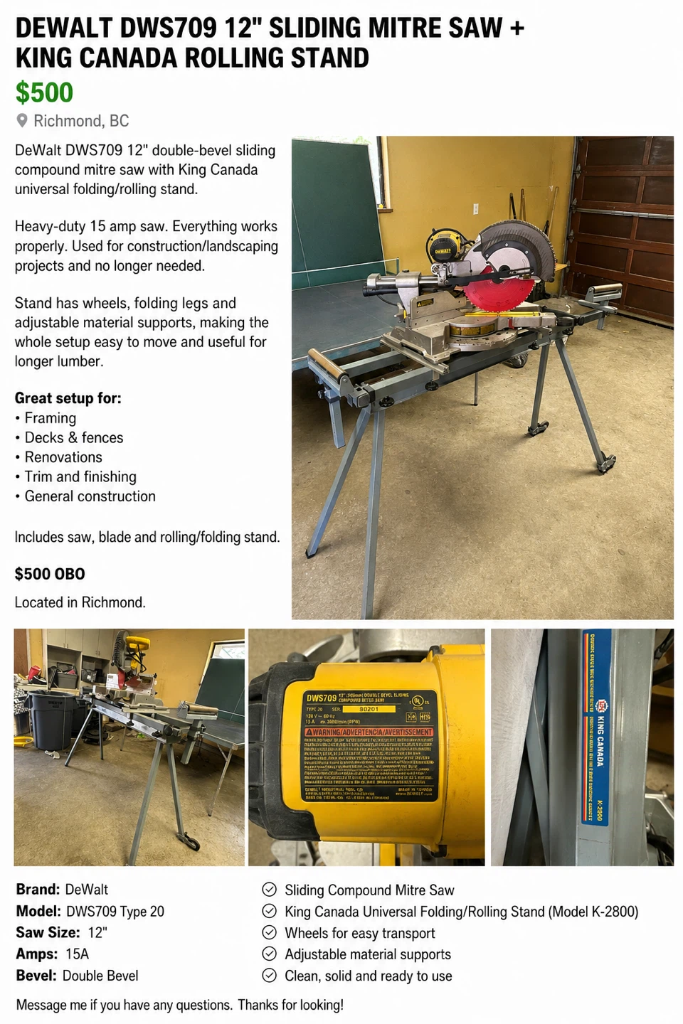 DeWalt DWS709 12" Sliding Mitre Saw & King Canada Stand
