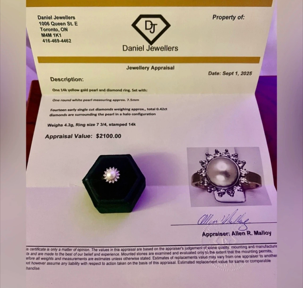 Vintage 14k Gold Pearl & Diamond Ring (.42ct) Sz. 7 3/4.