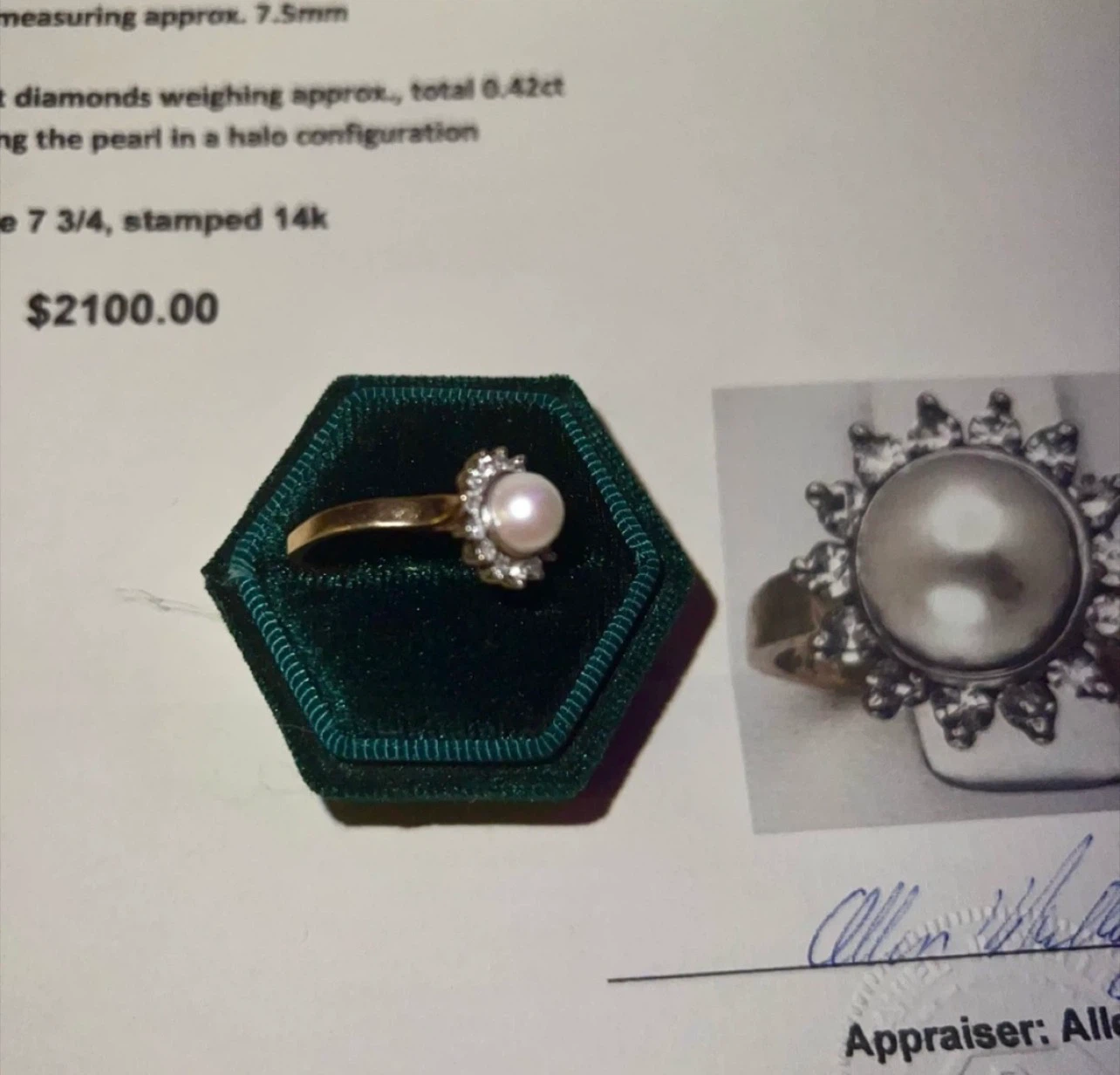 Vintage 14k Gold Pearl & Diamond Ring (.42ct) Sz. 7 3/4. - photo 4