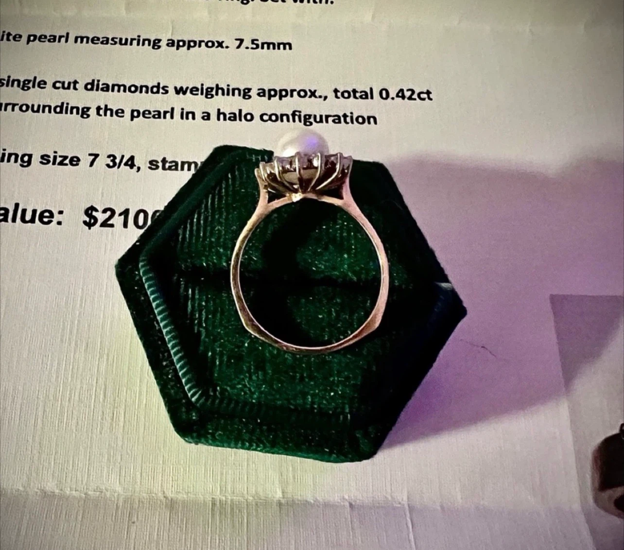 Vintage 14k Gold Pearl & Diamond Ring (.42ct) Sz. 7 3/4. - photo 5