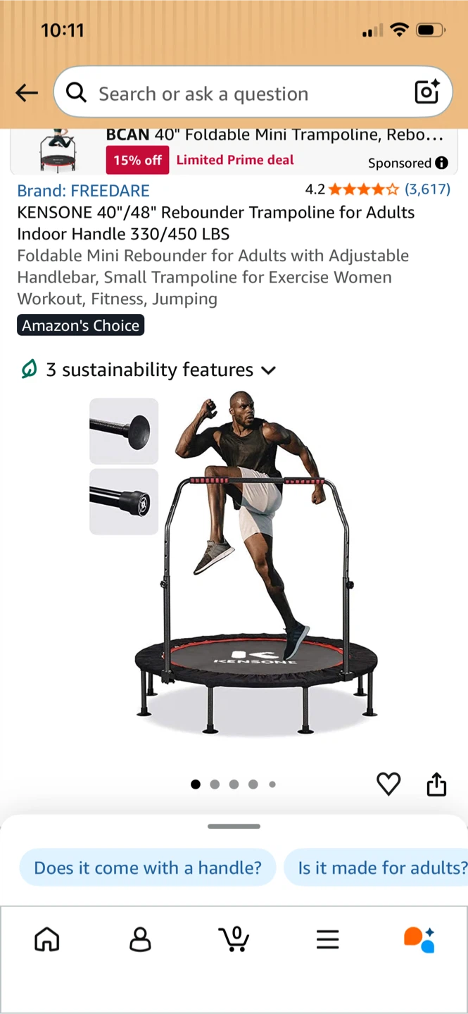 KENSONE 40" Foldable Mini Trampoline with Adjustable Handlebar